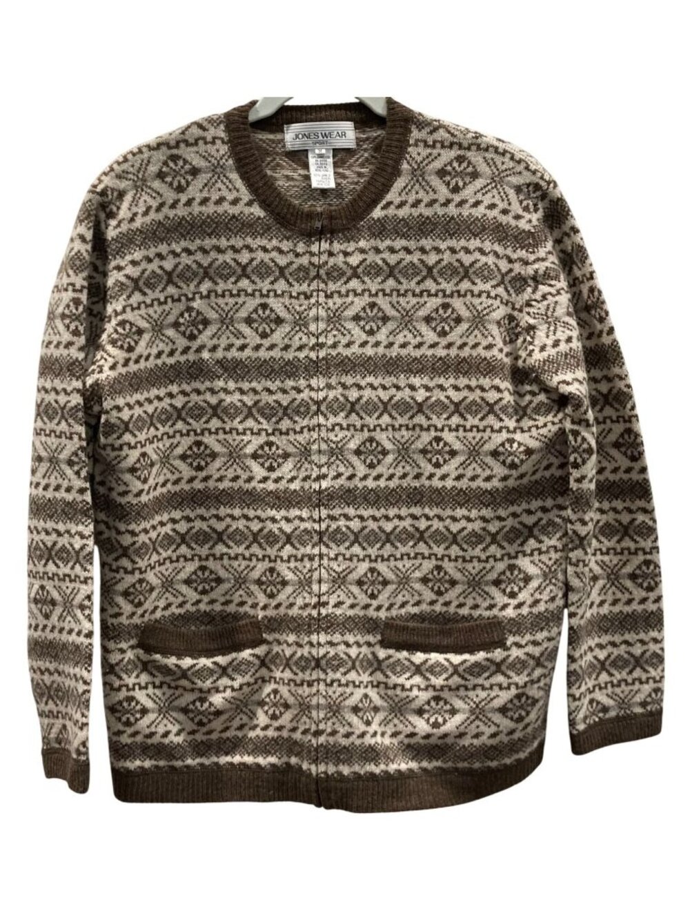 Vintage 90s Jones Wear Nordic Snowflake Wool Full Zip Sweater M Brown Beige